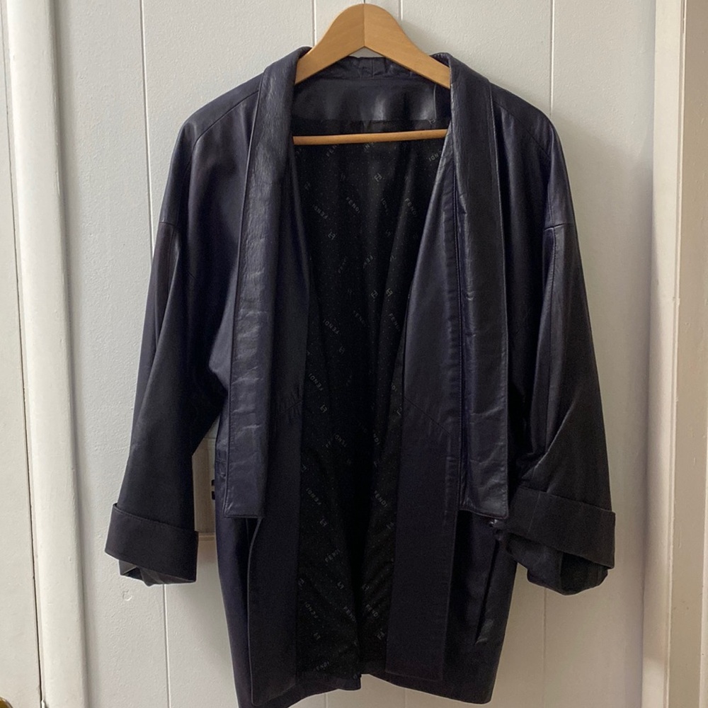 Fendi Vintage 100% leather purple blouse wide 3/4 sleeve size open front jacket